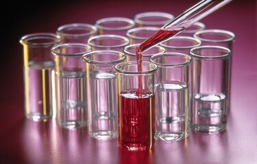 Red liquid being poured into test tubes