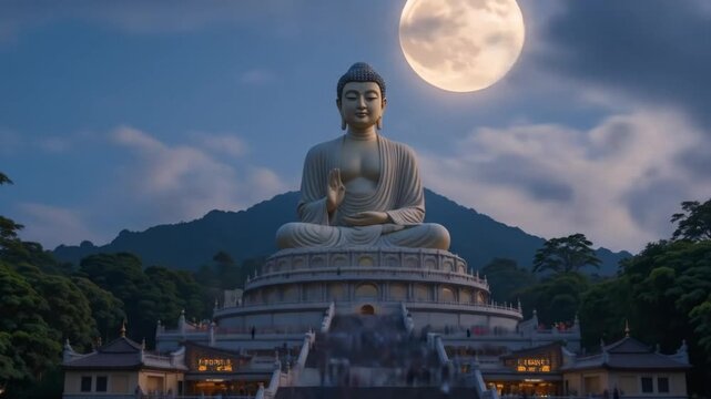 Tian Tan Buddha statue, Po Lin Monastery, a sacred religious landmark for tourists and Buddhists. 4k video