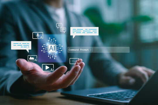 Close-up of businessman using laptop with floating AI command prompt and icons, representing artificial intelligence, prompt engineering, generative technology for digital transformation.