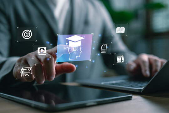 Close-up of businessman using digital interface with AI education icon, symbolizing online learning, future skills, artificial intelligence training. Concept of e-learning, modern education.