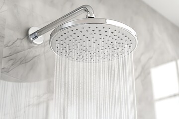 Circular shower head sprays water in bathroom with marbled-white wall