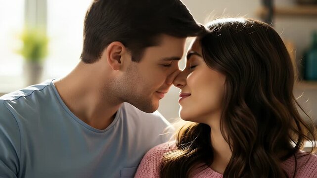 Romantic couple kissing gently indoors