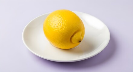 Whole lemon placed in a white ceramic plate on pastel lavender background, ultra detailed, crisp edges, noise free, natural lighting, no blur