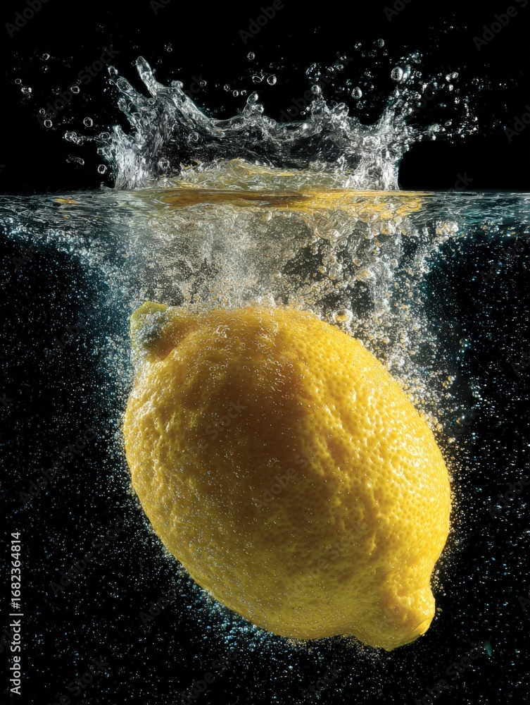 Poster fresh lemon splashing into water creating a crown splash on a black background
