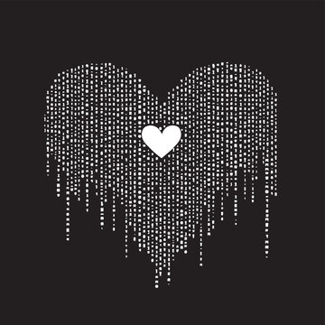 black and white binary computer code background, with love heart , vector style simple color