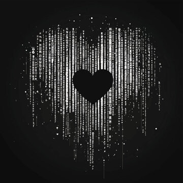 black and white binary computer code background, with love heart , vector style simple color