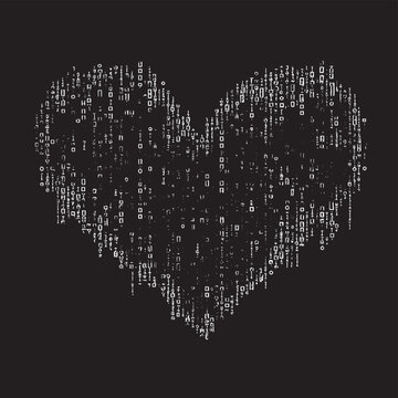 black and white binary computer code background, with love heart , vector style simple color