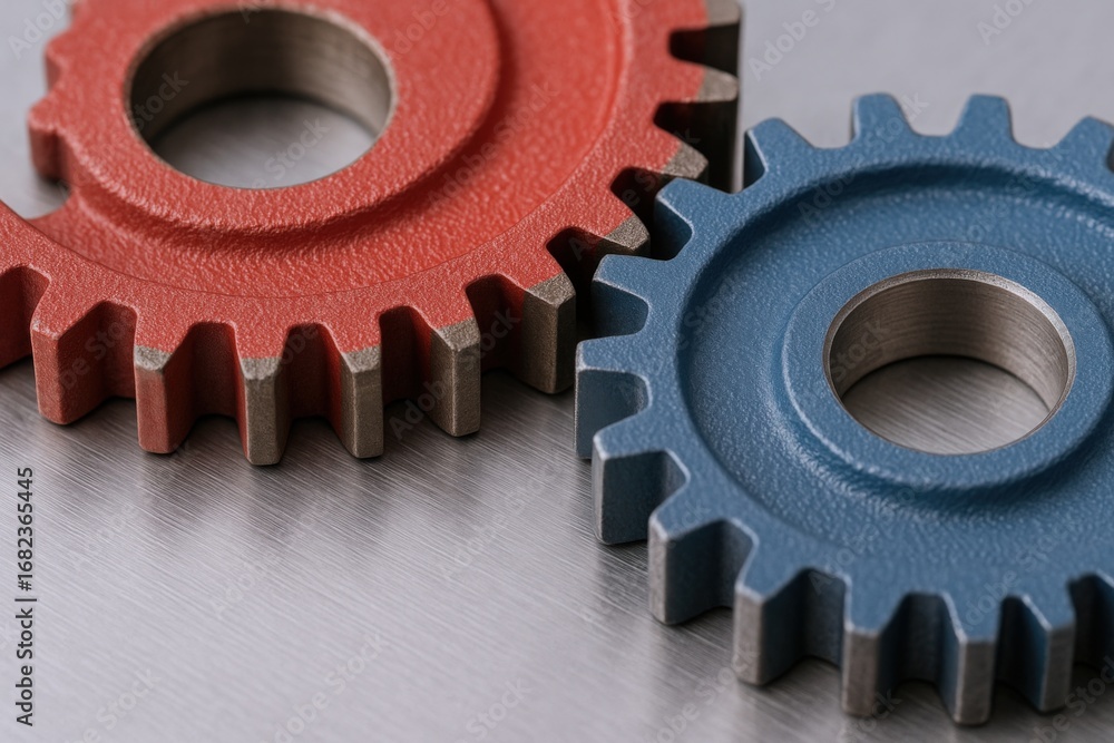 Poster interlocking gears in blue and red: precision engineering and mechanical concepts for teamwork and i