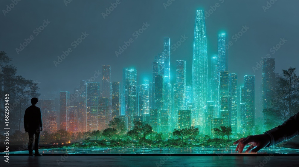 Poster futuristic cityscape visualization: a person in front of a glowing architectural hologram display