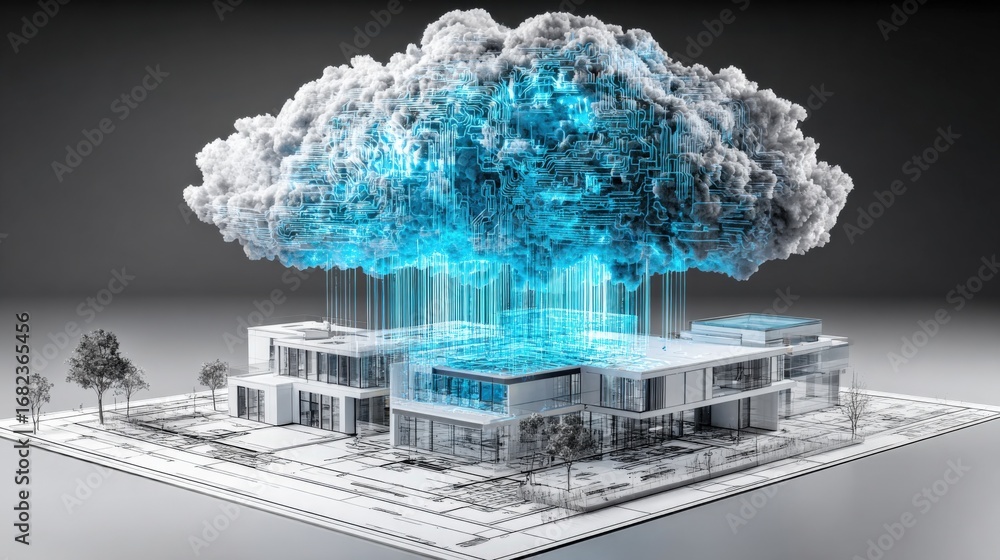 Poster Cloud Computing Integration with Modern Architecture, Representing Data Storage, Transfer, and Advanced Connectivity in Smart Homes