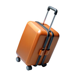 A 3D cartoon render of a sleek, orange rolling suitcase.