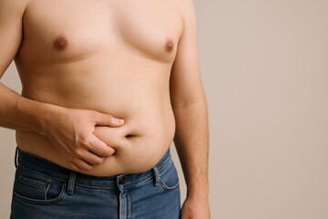Naklejka premium Man pinches belly fat, close-up studio shot of overweight torso, showcasing health and lifestyle concerns