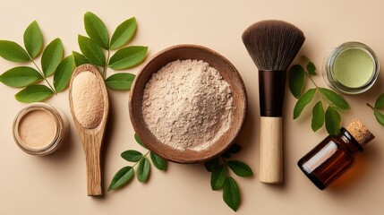 Natural Beauty Product Composition: Organic Powder, Brush, Cream and Oil with Green Leaves