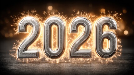 Year 2026 Metallic Numerals with Sparkling Light Effects, New Year Celebration and Festive Background