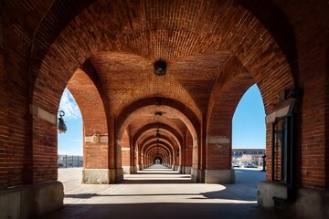 Fototapeta premium Brick arches create a long, shadowed walkway in bright daylight.