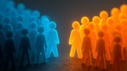 A visualization of in-group bias, with two groups of people favoring their own and showing hostility to the other.