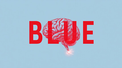 A minimalist image visualizing the Stroop effect, with the word "BLUE" in red ink causing a cognitive glitch in the brain.