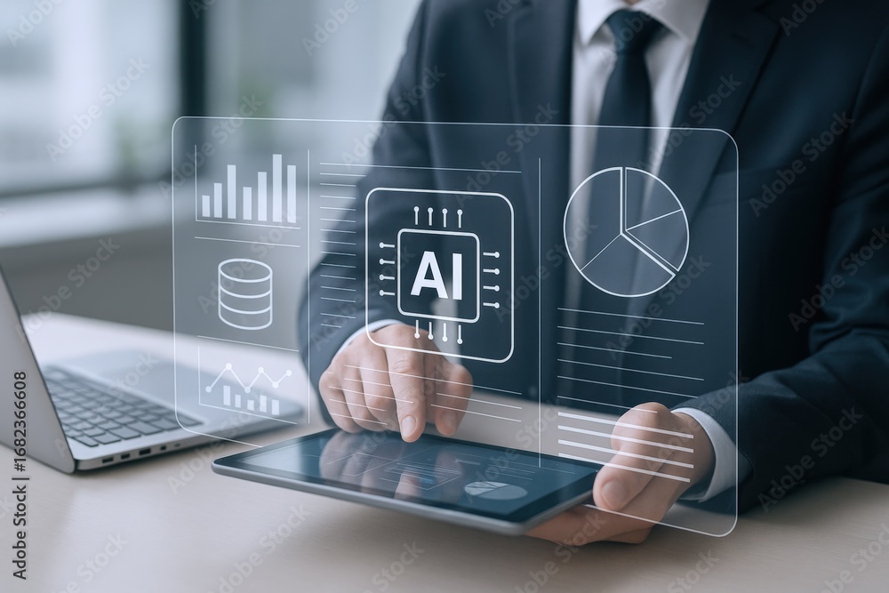 Poster businessman analyzing artificial intelligence data on tablet display for strategic business decision