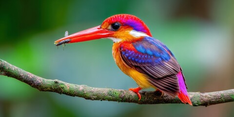 Obraz premium Vibrant Oriental Dwarf Kingfisher Perched on Branch Holding Insect, Displaying Vivid Plumage Details