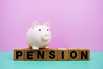 Pension alphabet letters with piggy bank saving on pink and green background