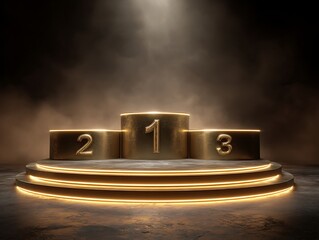 Winner background with golden, silver and bronze laurel wreaths with ribbons on round pedestal isolated on gray background. Vector winner podium sports symbols