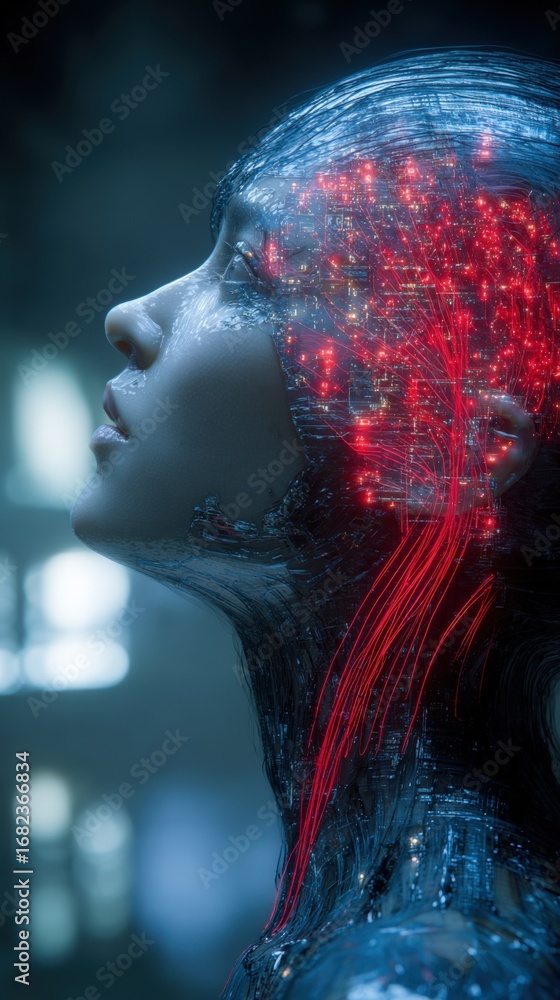 Poster futuristic female android with glowing neural network interface display, artificial intelligence con