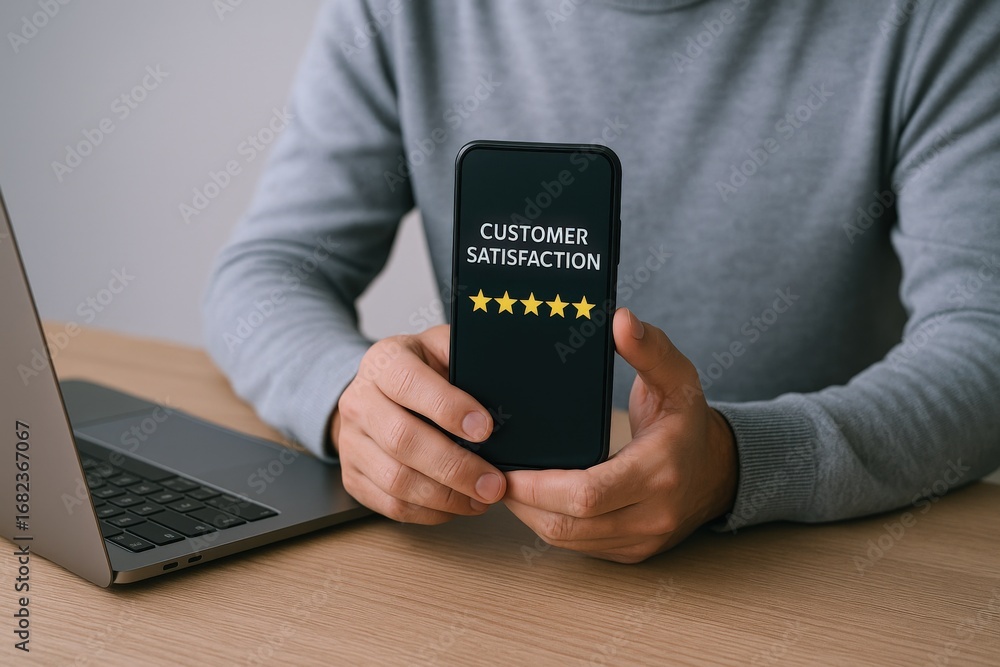 Poster customer satisfaction displayed on mobile phone with five star rating in a business setting