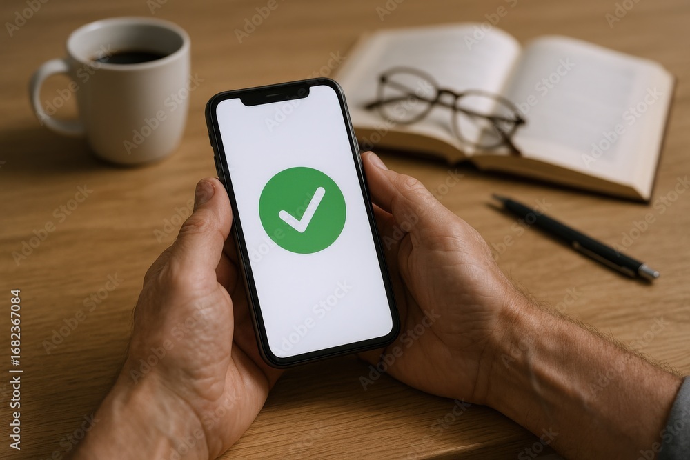 Poster man holds smartphone with green checkmark displayed, symbolizing task completion and efficiency on w