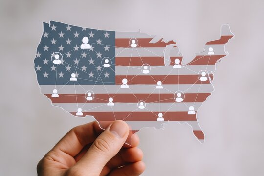 USA Connectivity Concept: Hand Holding American Map with Social Network Icons, National Reach, Communication, Patriotism