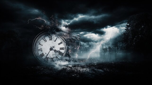 Dramatic Clock in Stormy Weather: Conceptual Image of Time, Urgency and Impending Change