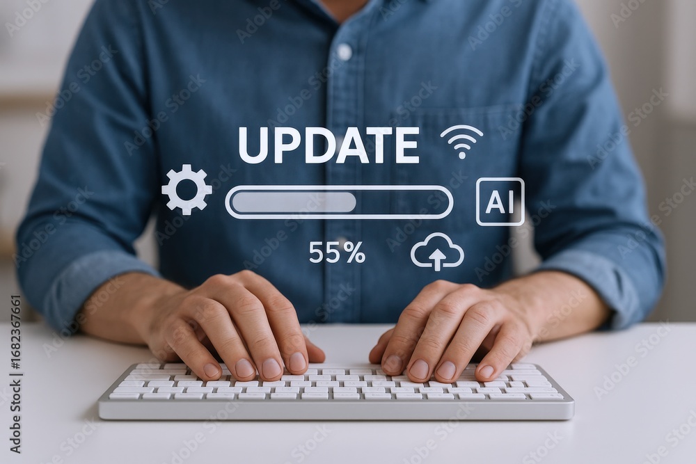 Poster software update in progress with digital overlay on a person typing on a keyboard