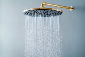 Elegant golden rain shower flows from wall. Modern bathroom fixture, clean design and contemporary plumbing