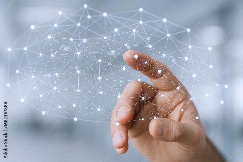 Aufkleber interactive digital interface: man's hand touching futuristic network visualization, representing co