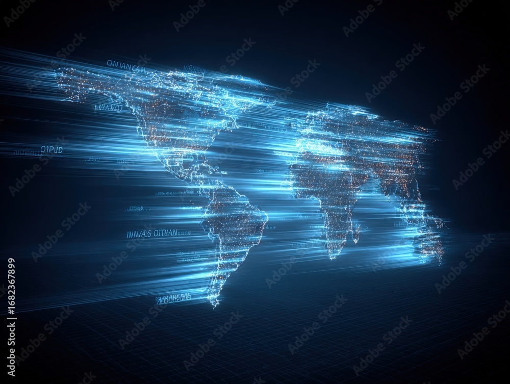 Poster global connectivity: digital world map visualization with data streams and futuristic network techno