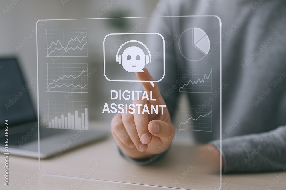 Poster digital assistant interface: person interacting with virtual technology for business solutions and p