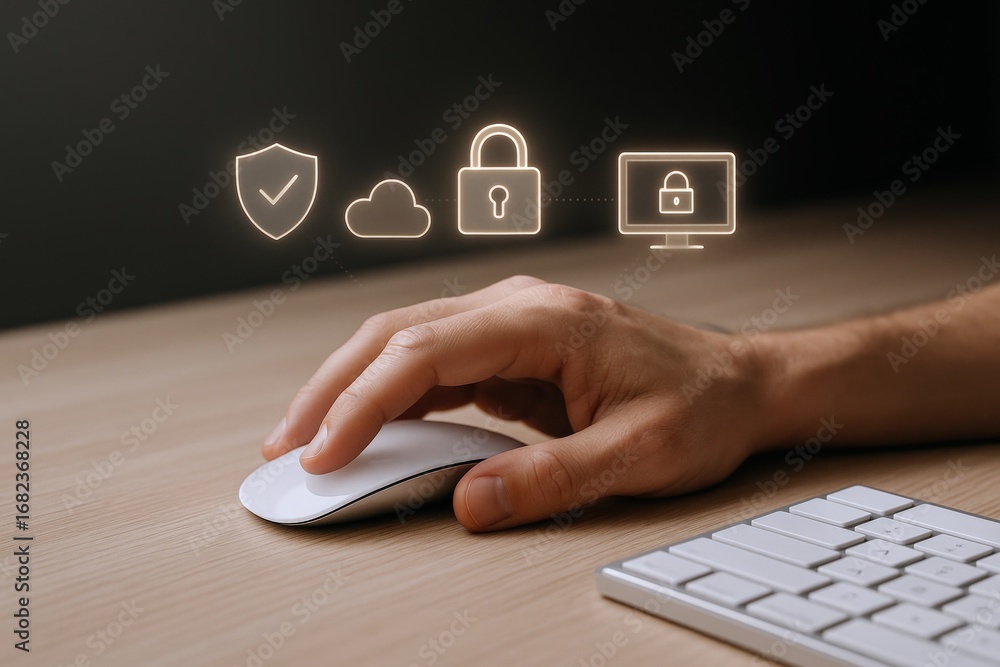 Aufkleber cybersecurity professional using mouse for online security with digital protection shield, cloud, lo