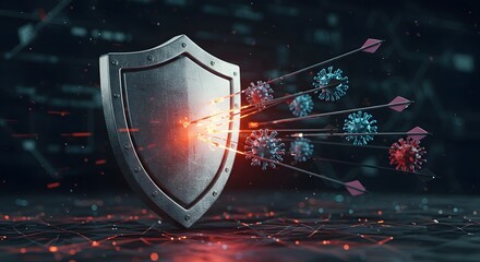 A glowing shield icon deflecting incoming digital arrows or viruses, representing antivirus and data protection
