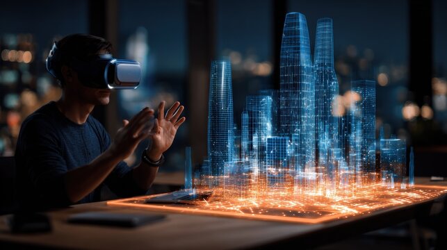 Man Using VR Headset Interacting with Digital City Hologram, Exploring Future Urban Planning and Virtual Reality Technology