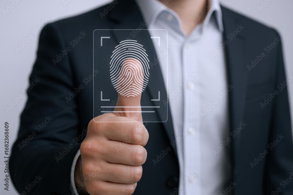 Aufkleber man in suit scanning fingerprint for secure access and identification technology integration
