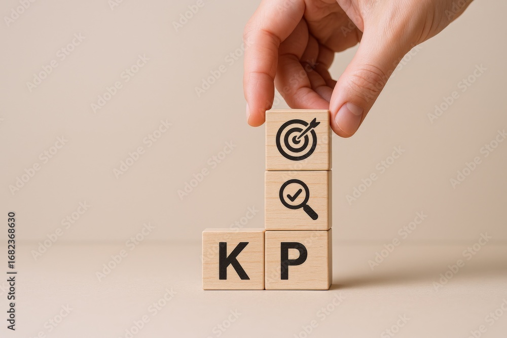 Aufkleber kpi blocks with target, magnifying glass, and hand, representing key performance indicators and busi