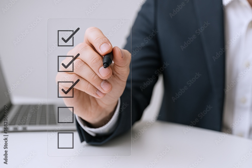 Poster completing checklist: close-up of hand marking boxes on transparent surface with pen for business ta