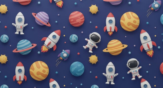 Cartoon Space Scene: Rockets Planets and Astronauts.