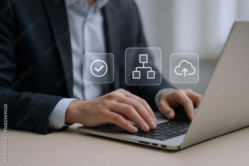 Poster businessman using laptop with task management icons, workflow automation, and cloud data, representi