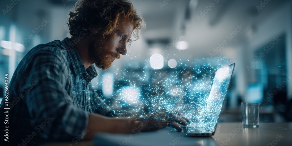 Poster man working on laptop with abstract data visualization, conceptual of data science and innovation