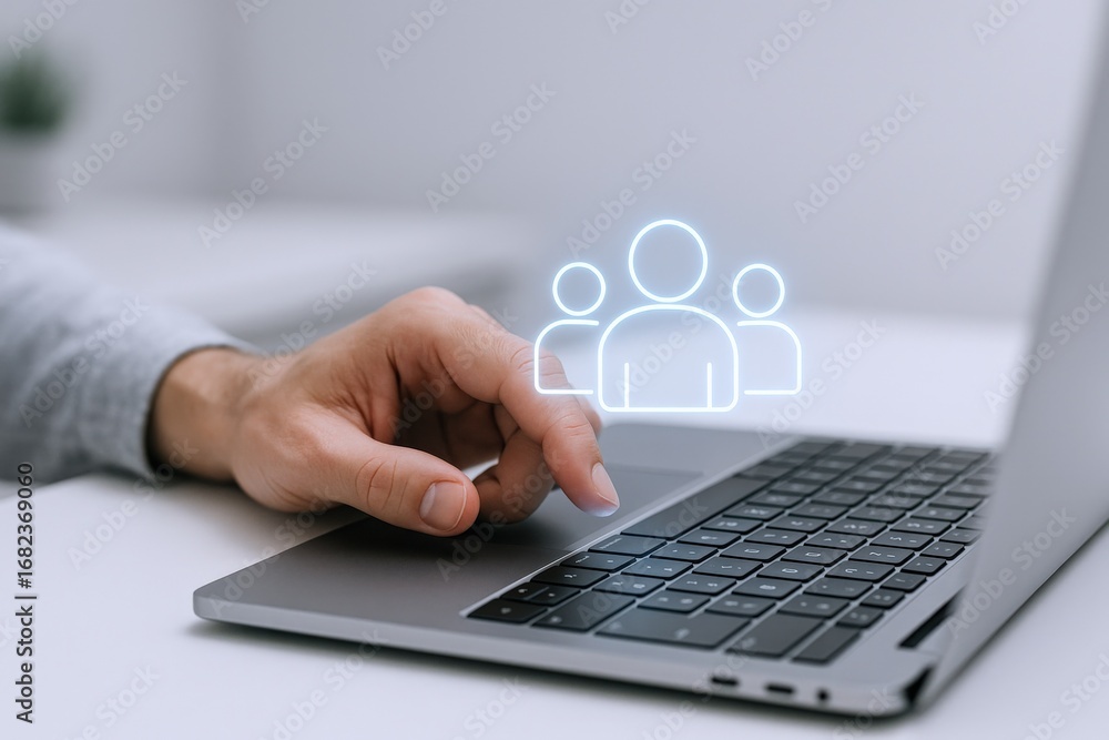 Poster online collaboration: hand using laptop with virtual team icon for remote work and communication