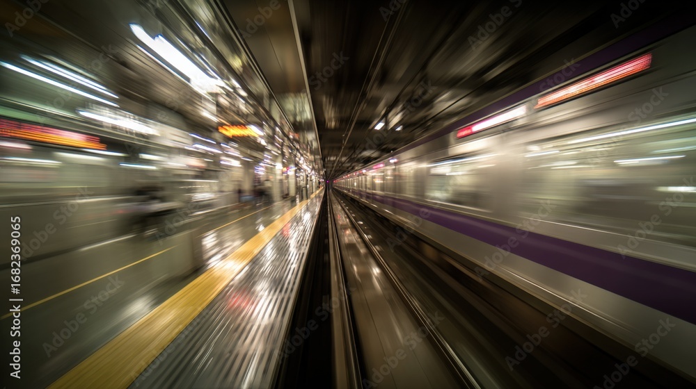 Poster blurred motion inside subway station: abstract view of rapid transit and urban commute
