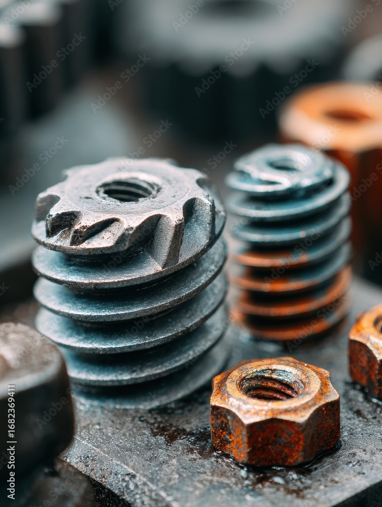 Aufkleber close-up view of various metal nuts and bolts on a workbench showcasing different sizes and textures