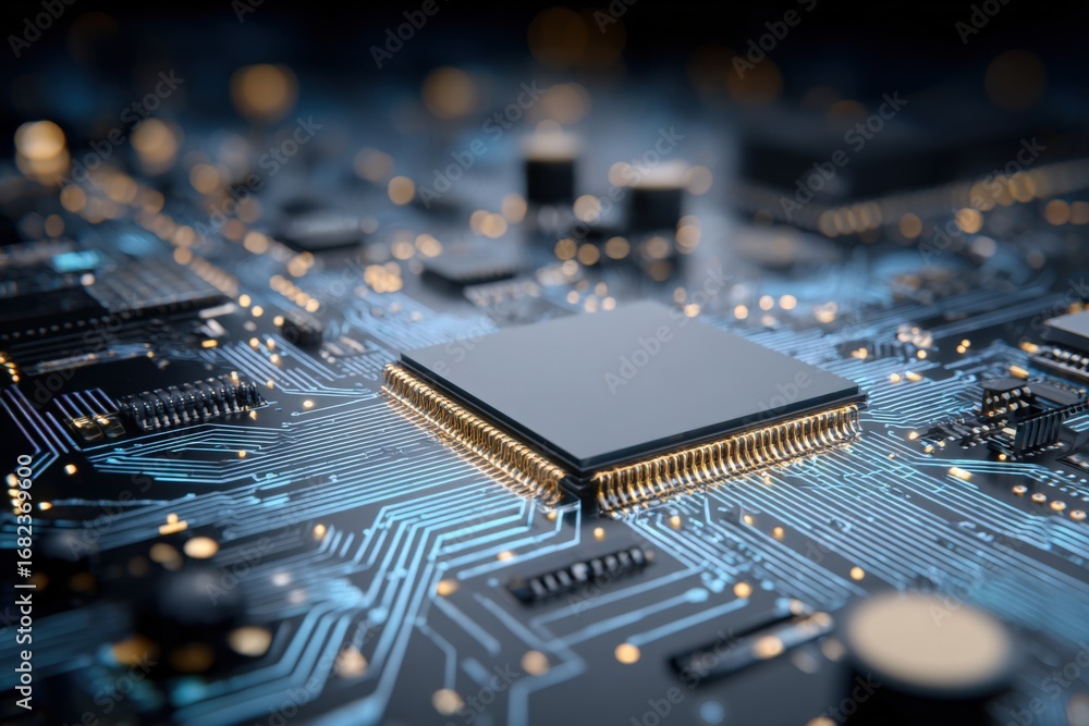 Poster microchip processor on circuit board showing technology innovation, connectivity, and future computi
