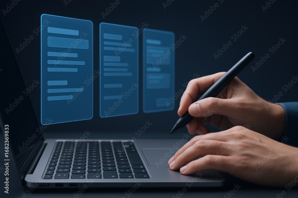 Poster digital document creation: hands using stylus on laptop with virtual interface for content managemen