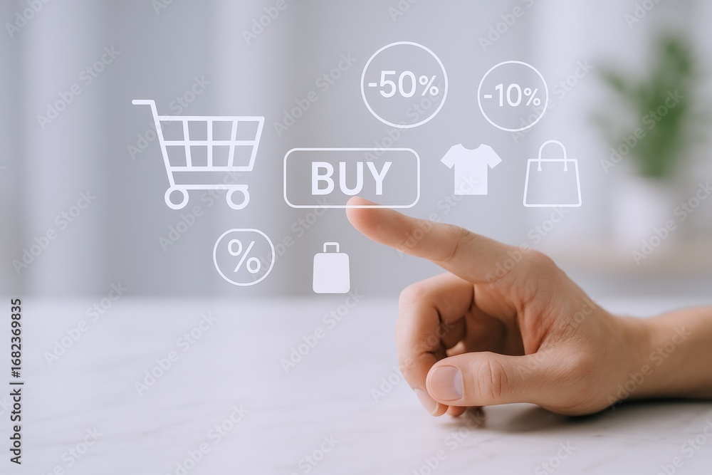 Poster online shopping interface with hand pressing buy button depicting e-commerce and digital consumerism